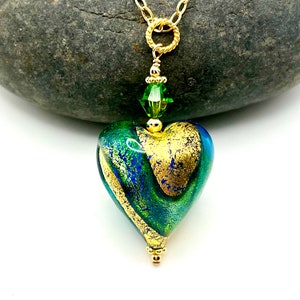 Heart Necklace, Green Blue Gold Swirl Murano Necklace, Valentine's Day Gift, Romantic Venetian Glass Jewelry, Gold Filled Heart Pendant