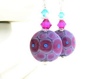 Glass Dangle Earrings, Pink Purple Turquoise Earrings, Colorful Earrings, Lampwork Earrings, Spotted Earrings, Funky Earrings Summer Jewelry