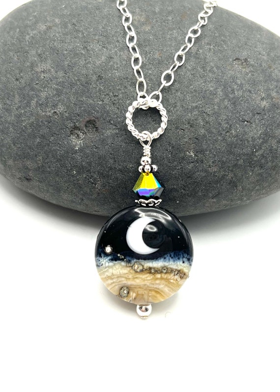 Crescent Moon Lampwork Necklace, Black White Sterling Silver Celestial Jewelry