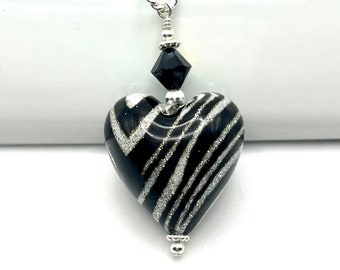 Zebra Heart Necklace Zebra Stripe Murano Glass and Sterling Silver Necklace, Valentine's Day Jewelry Black White Silver Animal Print Jewelry