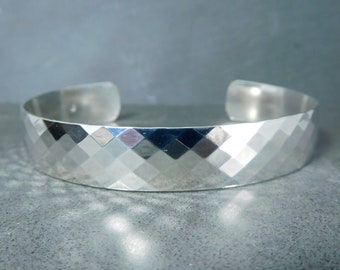 10mm Wide Diamond Pattern Silver Cuff, Sterling Silver Open Bangle Bracelet, Geometric Jewelry, Classic Minimalist Simple Unisex Adjustable