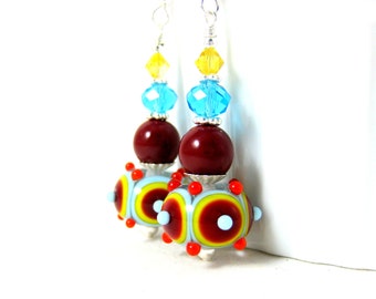 Red Aqua Blue Yellow Earrings, Funky Earrings, Lampwork Earrings, Colorful Glass Earrings, Fun Dangle Earrings, Bright Color Jewelry