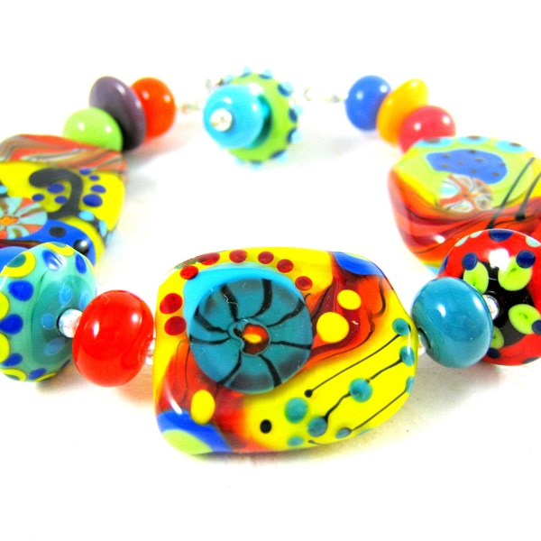 Colorful Glass Bracelet, Statement Bracelet, Funky Primary Colors Bright Colors Lampwork Bracelet, Abstract Unique OOAK Jewelry Cogs & Gears