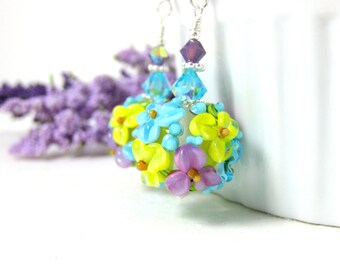 Pastel Floral Earrings, Colorful Drop Earrings, Turquoise Yellow Purple Earrings, Nature Earrings, Lampwork Earrings, Summer Flower Earrings