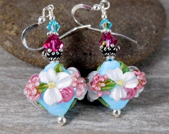 Turquoise Blue Pink White Floral Dangle Earrings, Pastel Diamond Shaped Glass Earrings, Pretty Romantic Earrings, Nature Jewelry, Lampwork