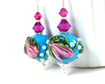 Blue Pink Floral Earrings, Botanical Earrings, Nature Jewelry, Dangle Earrings, Lampwork Earrings, Cottage Chic Jewelry Cute Earrings Myrtle