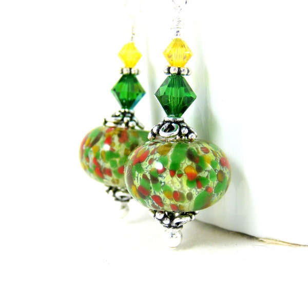 Colorful Dangle Earrings, Green Yellow Red Lampwork Earrings, Boho Chic Earrings, Sterling Silver Earrings, Glass Earrings, Autumn Bohemian