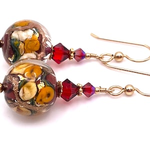 Red Ivory Gold Rose Murano Dangle Earrings, Gold Foil Floral Venetian Glass Earrings, Victorian Inspired Earrings, Spring Romantic Jewelry