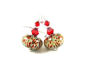 Red Beige Green Earrings, Boro Lampwork Earrings, Glass Earrings, Beadwork Earrings, Dangle Earrings, Sage Green Rust Earrings - Autumn Days