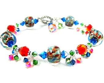 Colorful Glass Bracelet, Bright Color Jewelry, Boro Lampwork Bracelet, Orange Blue Green Bracelet, Crystal Bracelet - Glass Menagerie