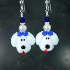 Poodle Dangle Earrings, White Puppy Dog Dangle Earrings, Pet Jewelry, Cute Animal Earrings, Maltese Bichon Frise Lampwork Glass Earrings image 3