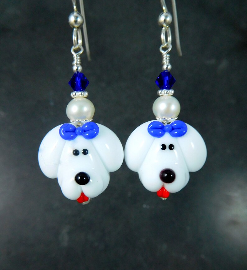 Poodle Dangle Earrings, White Puppy Dog Dangle Earrings, Pet Jewelry, Cute Animal Earrings, Maltese Bichon Frise Lampwork Glass Earrings image 3