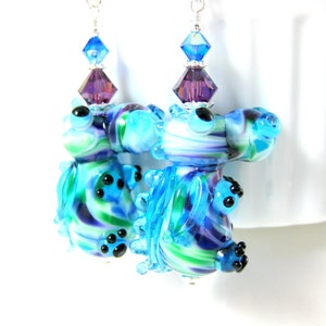 Flying Dragon Earrings, Whimsical Jewelery, Mythical Earrings, Dragon Jewelry, Lampwork Earrings, Purple Green Blue Glass, Animal Earrings