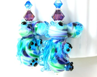 Flying Dragon Earrings, Whimsical Jewelery, Mythical Earrings, Dragon Jewelry, Lampwork Earrings, Purple Green Blue Glass, Animal Earrings