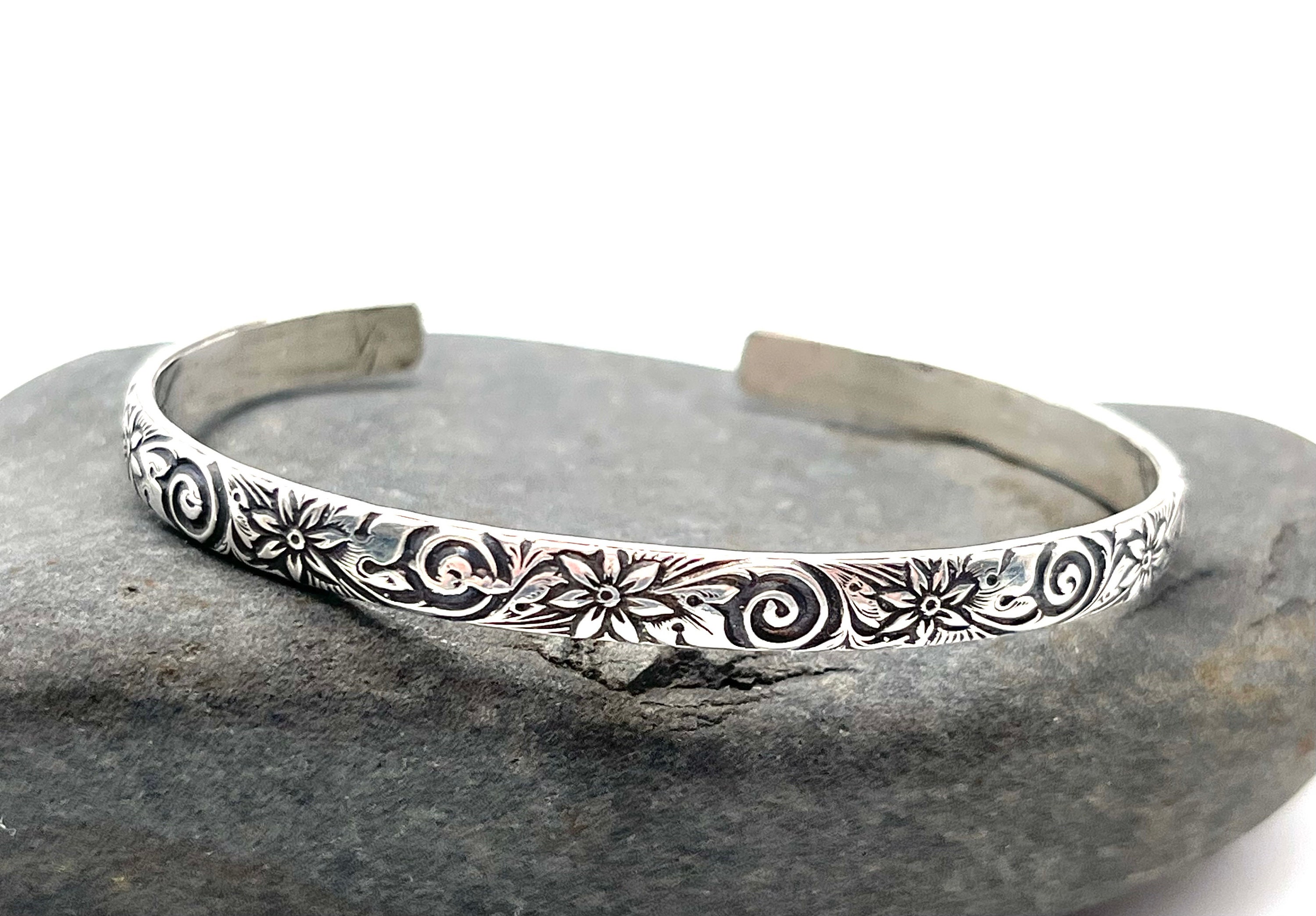 Sterling Silver Cuff Bracelet With Flowers and Swirls Sterling Silver Cuff Bracelet With Flowers and Swirls