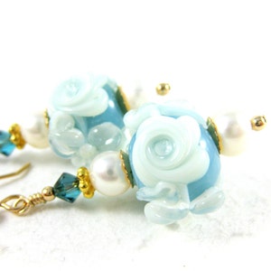 Blue White Rose Earrings, Powder Blue Earrings, Lampwork Earrings, Floral Earrings, Gold Filled Glass Earrings, Floral Jewelry - Betsy