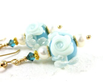 Blue White Rose Earrings, Powder Blue Earrings, Lampwork Earrings, Floral Earrings, Gold Filled Glass Earrings, Floral Jewelry - Betsy