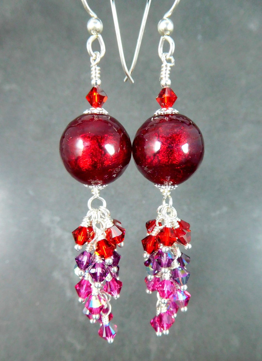 Red Murano Glass Earrings Red Purple Pink Long Crystal Dangle - Etsy