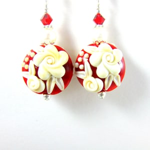 Red White Floral Earrings, Valentine's Day Jewelry, Ivory Rose Lampwork Earrings, Valentine's Gift for Her, Floral Jewelry, Romantic Jewelry image 2