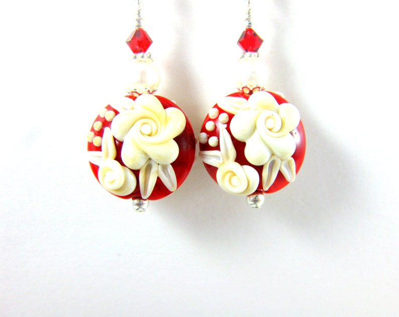 Red White Floral Earrings, Valentine's Day Jewelry, Ivory Rose Lampwork Earrings, Valentine's Gift for Her, Floral Jewelry, Romantic Jewelry image 2