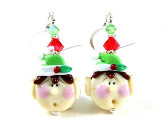 Elf Earrings, Christmas Earrings, Holiday Jewelry, Christmas Jewelry, Lampwork Earrings, Elf Jewelry, Holiday Earrings Elves  Santas Helpers