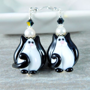 Cat Dangle Earrings, Kitty Earrings, Animal Earrings, Black White Tuxedo Cat Earrings, Lampwork Earrings, Pet Earrings Cute Earrings Fat Cat