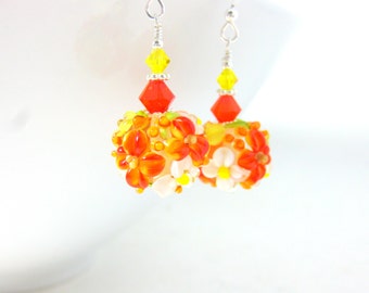 Floral Earrings, Orange Yellow White Earrings, Lampwork Earrings, Floral Jewelry, Flower Earrings, Autumn Earrings Glass Earrings Clara