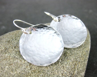 Sterling Silver Disc Dangle Earrings, Simple Everyday Earrings, Hammered Silver Metalwork Earrings, Minimalist Jewelry, GRJ, Beach Jewelry