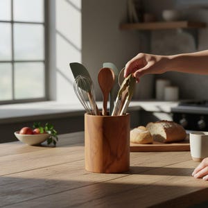 Peut inclure: Un pot en bois contenant des ustensiles de cuisine, dont un fouet, une spatule et une cuillère en bois. Une main saisit une pince de cuisine à poignée verte. Le pot est posé sur une table en bois, avec du pain et des tomates en arrière-plan.