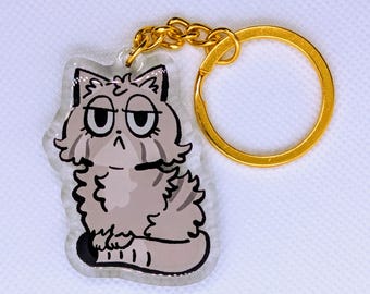 May include: A clear acrylic keychain featuring a cartoon cat with a grumpy expression. The cat is light gray with black outlines and a white background. The keychain has a gold-colored chain and keyring.
