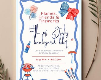 4th of July BBQ Party Invitation Template | Backyard 4th of July Invite | Red White and Blue Editable July 4th Evite | Canva Template
