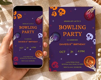 Uitnodiging voor een Halloween bowlingfeestje, een leuk kinderfeestje, bewerkbare Canva-sjabloon