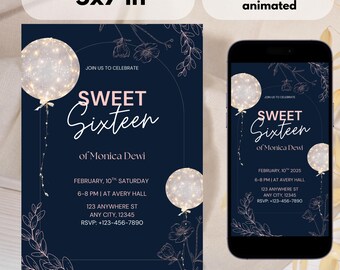Sjabloon Sweet 16-uitnodiging | Geanimeerde en afdrukbare Sweet Sixteen-verjaardagsuitnodiging | Canva Digital 16e