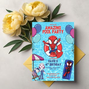 Cute and fun spidey birthday invitation with water splash details and superhero friends.