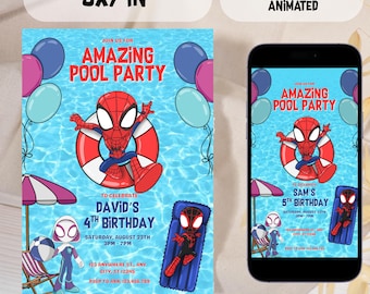 Spidey and His Amazing Friends Birthday Invitation | Pool Party Editable Template | Spiderman Invite | Superhero Animated Canva Evite
