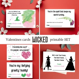 Afdrukbare Wicked Valentines-kaarten. Trotseer de zwaartekracht-wenskaart. Teen Wicked-filmthema valentijnskaarten. Roze en groene valentijnskaarten voor kinderen