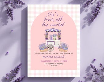 She's Fresh Off the Market-uitnodiging vrijgezellenfeest | Thema bloemenmarkt lavendel | Ze is vers van de markt | Tuin vrijgezellenfeest
