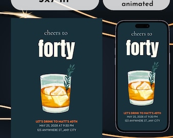 40th Birthday Invitation for Men | Whiskey Themed Birthday Invite | Printable + Animated Mobile Template | Minimalist Canva Invitation