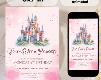 Uitnodiging Four Ever Princess, bewerkbare 4e verjaardagsuitnodiging, digitale downloadsjabloon voor Princess Party