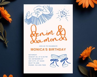 Denim and Diamonds Birthday Invitation Template – Canva Editable Invite with Western Glam Theme, Espresso Martini & Cowgirl Style