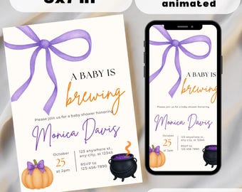 Halloween A Baby Is Brewing Invitation | Witch Baby Shower & Gender Reveal | Editable Canva Fall Baby Shower Evite