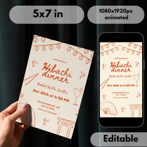 Puede incluir: Una invitación a una cena Hibachi, en formato 5x7 pulgadas, con una versión animada a juego para un teléfono. El diseño presenta ilustraciones y texto en naranja, incluyendo la fecha, hora y lugar. La palabra "Editable" está abajo.