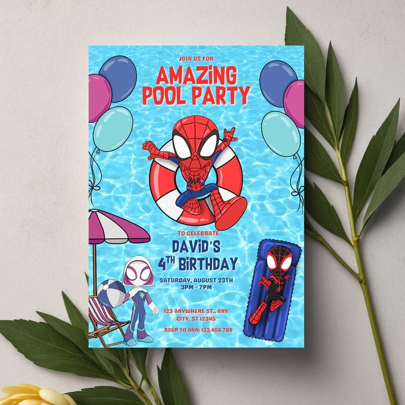Digital superhero invitation with editable Canva design featuring Spidey characters.