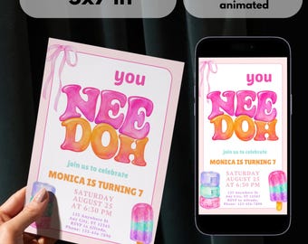 Sjabloon NeeDoh-verjaardagsuitnodiging | Squishy speelgoedfeestuitnodiging | Geanimeerde en afdrukbare canva-uitnodiging voor zintuiglijke verjaardag