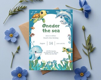 Oneder the Sea First Birthday Invitation Template | First Birthday Boy | Under the Sea Pool Party Invite | Ocean Theme | First Year Down