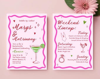 Margs and Matrimony Vrijgezellenfeestuitnodiging met reisroute voor meisjes | Bewerkbare canvasuitnodiging | Digitaal reisplan strand of vrijgezellenfeest
