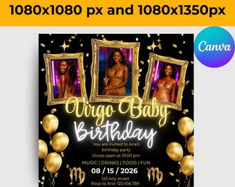Maagd baby verjaardagsflyer, Instagram berichtgrootte nvite, bewerkbare partijsjabloon, dierenriemviering, verjaardagsflyer, maagd seizoen bash