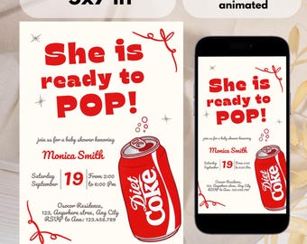 Babyshower uitnodiging met Diet Coke thema | "She's Ready to Pop" uitnodiging | Retro frisdrank geanimeerd & printbaar