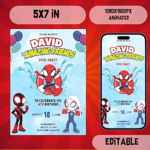 Spidey and His Amazing Friends Birthday Invitation | Spidey Pool Party Invite + Animated Mobile Template | Superhero Birthday Invitation