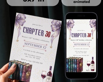Uitnodiging voor een verjaardag in hoofdstuk 30 | Verjaardag voor een liefhebber van duistere romantische boeken | Boekgerichte uitnodiging voor een 30e verjaardag | Bewerkbaar Canva-bestand